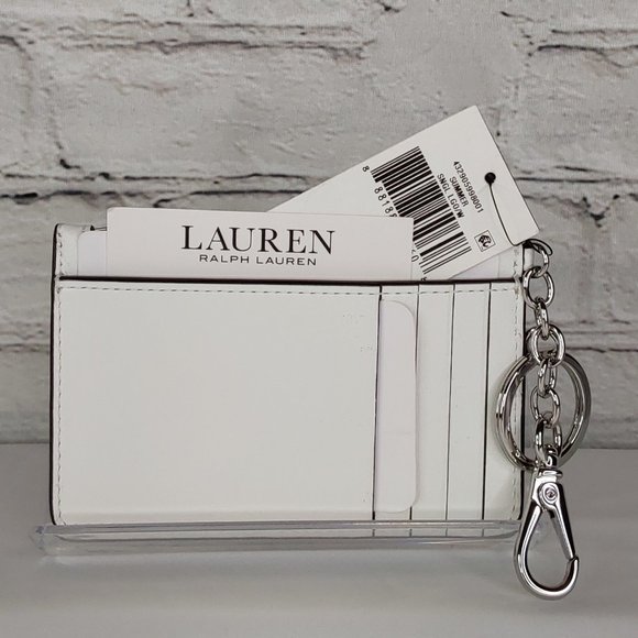 \'RALPH LAUREN\' \'KENDRA\' LEATHER COIN & CARD CASE EMBROIDERED LOGO KEY CHAIN CLIP